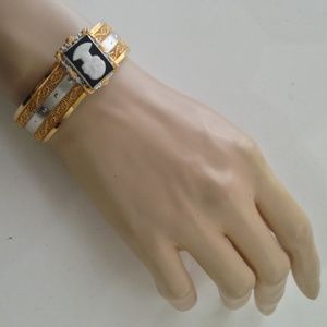 Vintage 2-Tone Gold-Silver  Hinged Bangle Bracelet with Cameo
